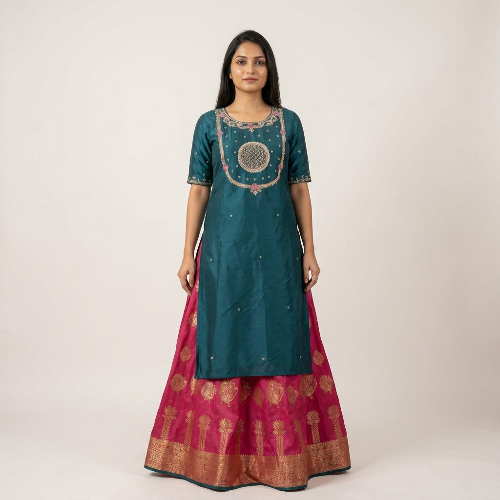 Teal Cotton Kurti Lehenga Set
