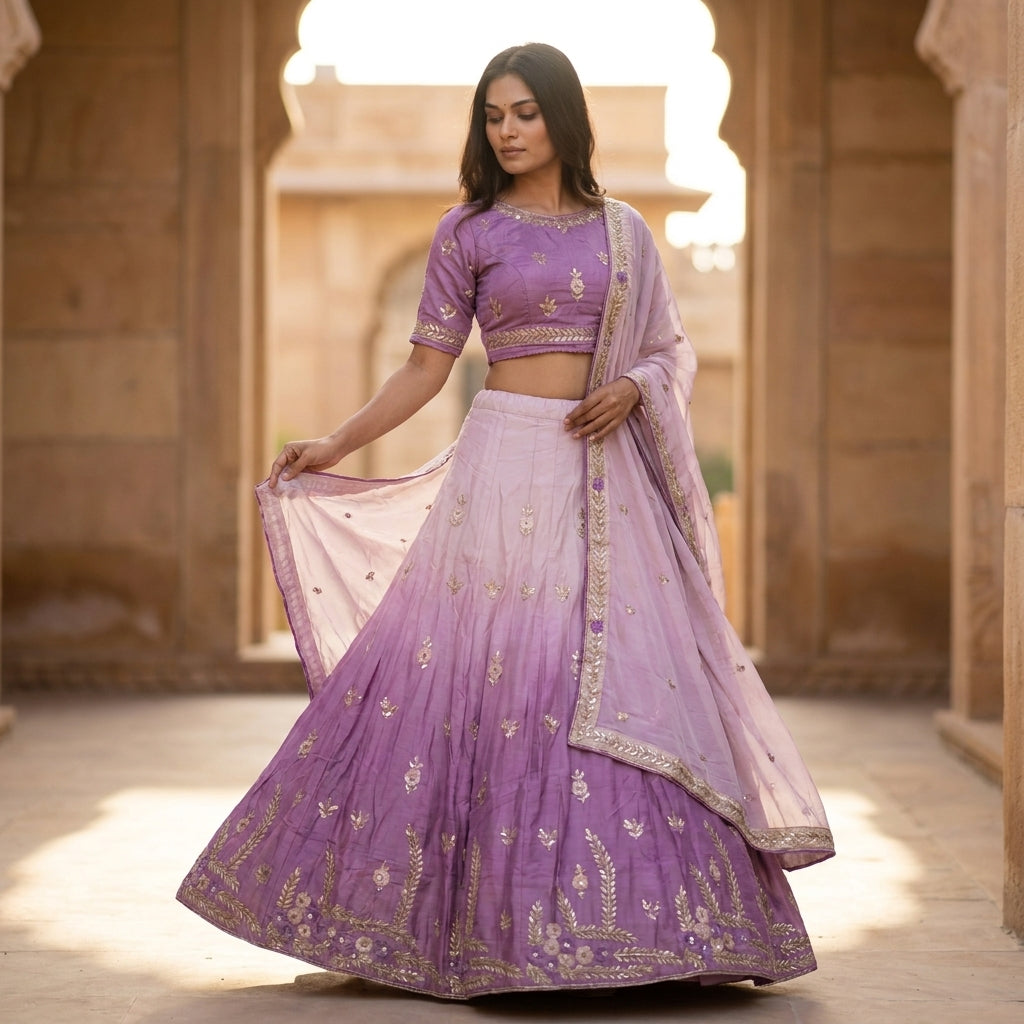 Lavender Ombre Embroidered Semi-Stitched Lehenga Set