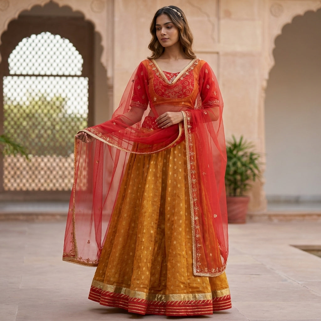 Mustard Red  Lehenga