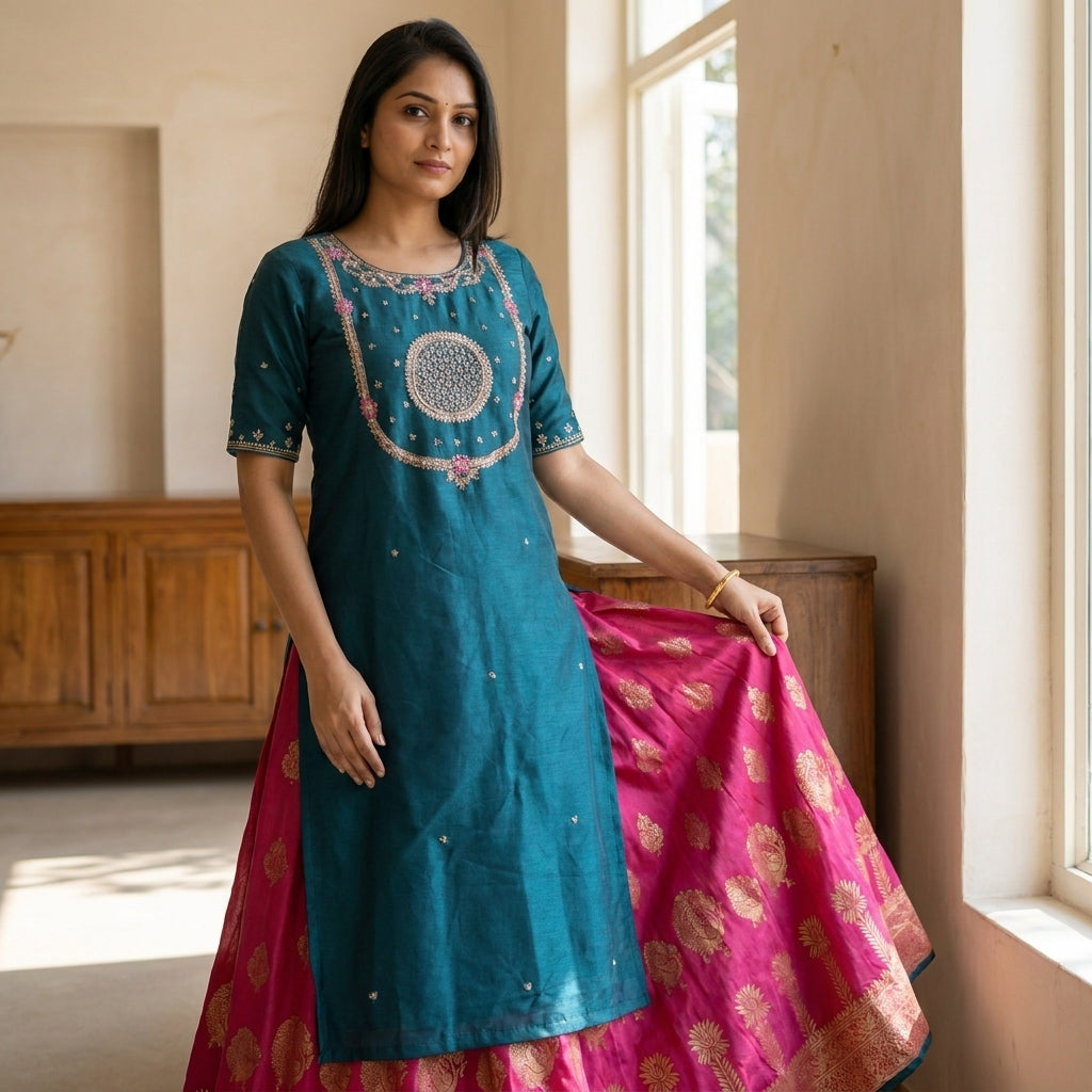 Teal Cotton Kurti Lehenga Set
