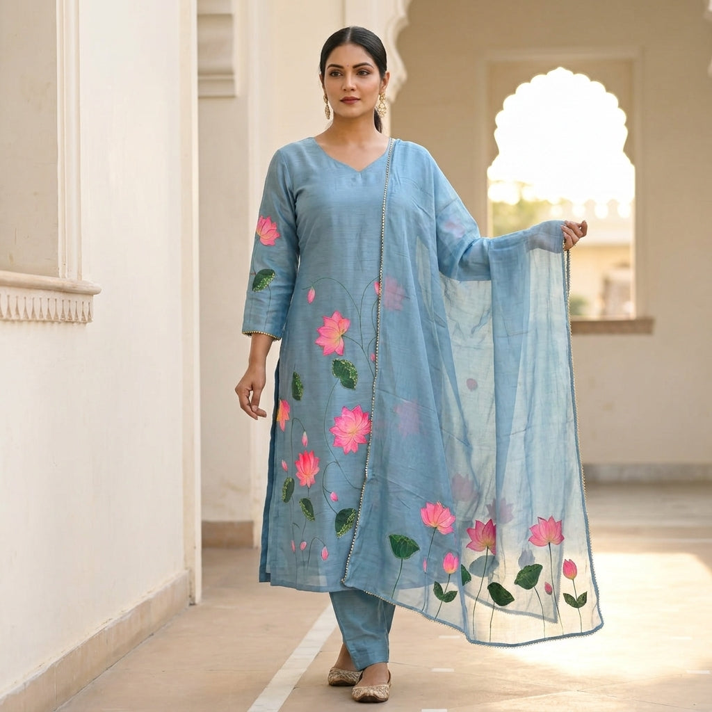 Blue Floral Cotton Suit Set