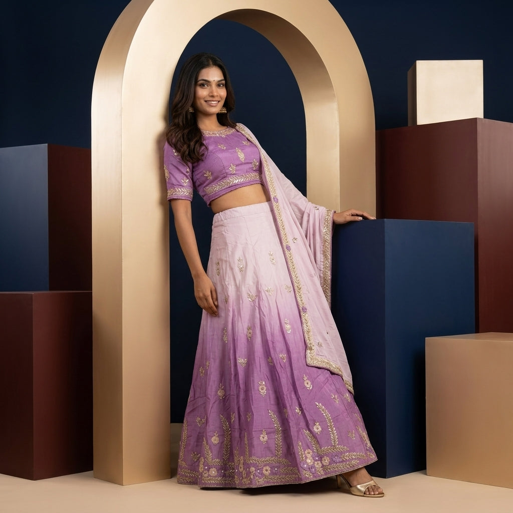 Lavender Ombre Embroidered Semi-Stitched Lehenga Set