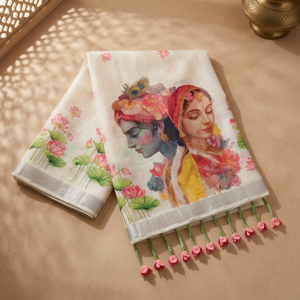 Linen White Floral Printed Saree with Artistic Pallu